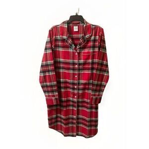 Lands End Nightshirt Plaid Flannel Button Cotton Red Green Holiday Medium‎ Tall